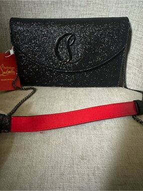 Black Glitter Chain Wallet with Red Strap